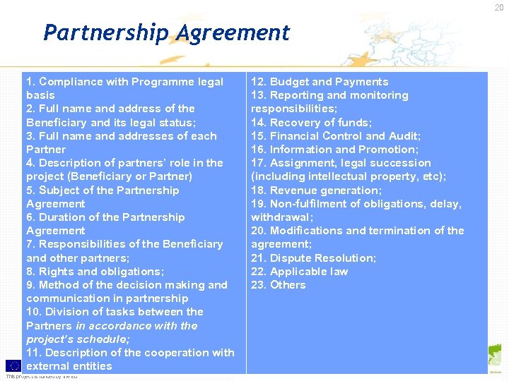 20 Partnership Agreement 1. Compliance with Programme legal basis 2. Full name and address