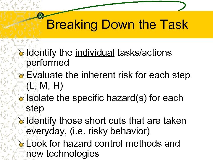 Breaking Down the Task Identify the individual tasks/actions performed Evaluate the inherent risk for