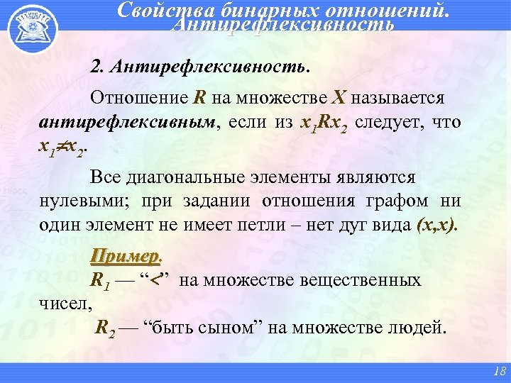 Свойства бинарных отношений. Антирефлексивность 2. Антирефлексивность. Отношение R на множестве X называется антирефлексивным, если