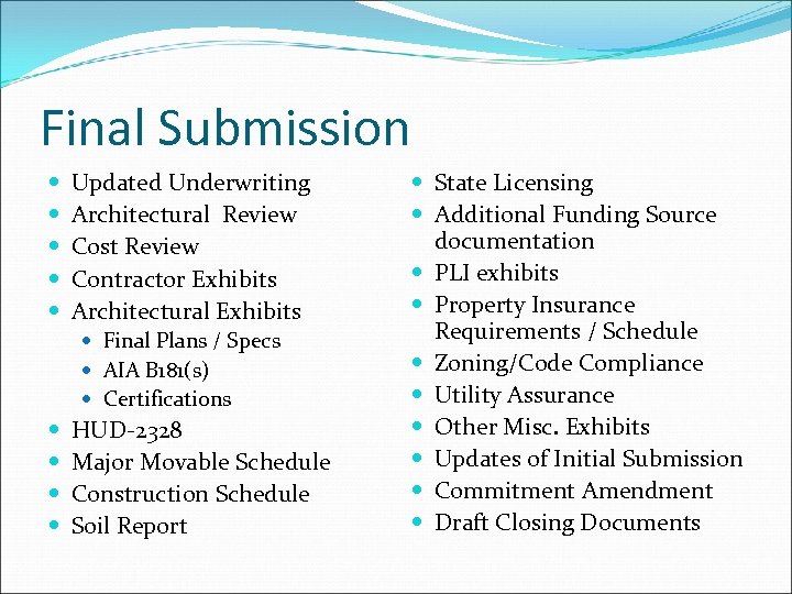 Final Submission Updated Underwriting Architectural Review Cost Review Contractor Exhibits Architectural Exhibits Final Plans