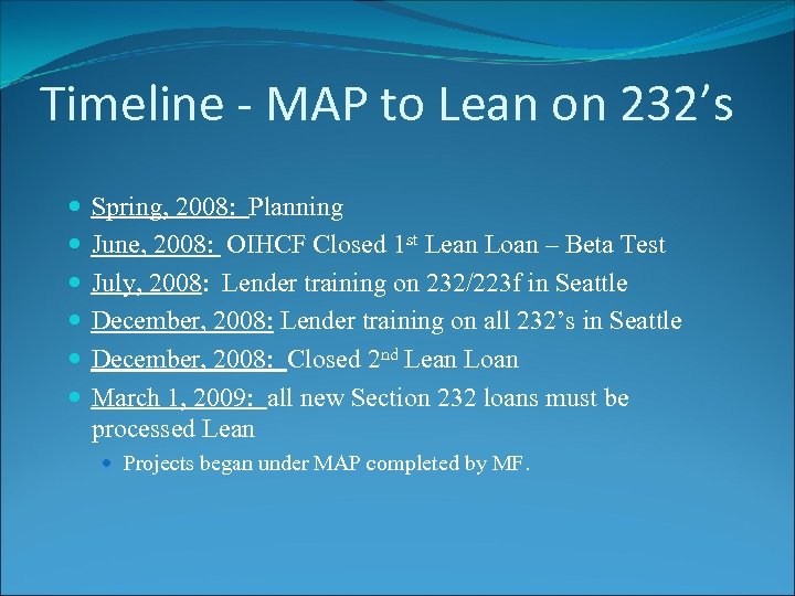 Timeline - MAP to Lean on 232’s Spring, 2008: Planning June, 2008: OIHCF Closed