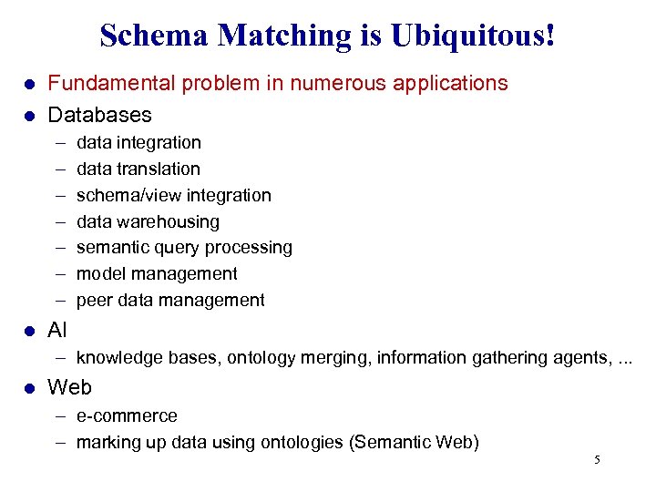 Schema Matching is Ubiquitous! Fundamental problem in numerous applications l Databases l – –