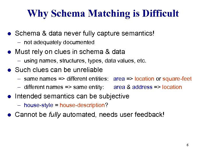 Why Schema Matching is Difficult l Schema & data never fully capture semantics! –