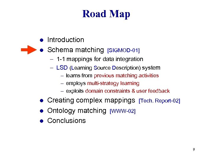Road Map Introduction l Schema matching l [SIGMOD-01] – 1 -1 mappings for data