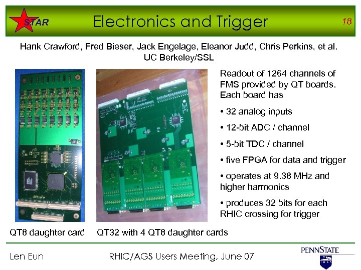 STAR Electronics and Trigger 18 Hank Crawford, Fred Bieser, Jack Engelage, Eleanor Judd, Chris