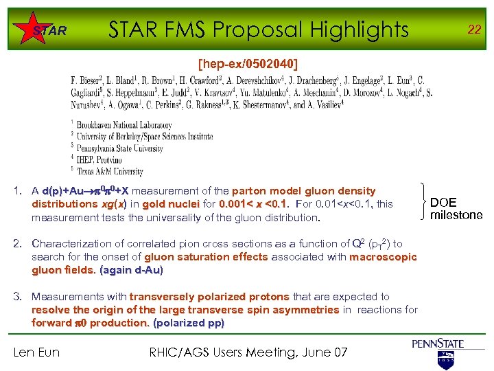 STAR FMS Proposal Highlights 22 [hep-ex/0502040] 1. A d(p)+Au 0 0+X measurement of the