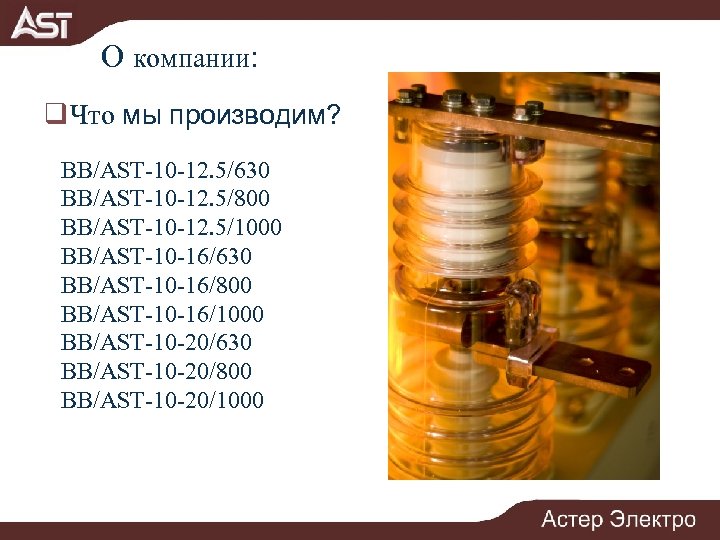 О компании: q Что мы производим? BB/AST-10 -12. 5/630 BB/AST-10 -12. 5/800 BB/AST-10 -12.