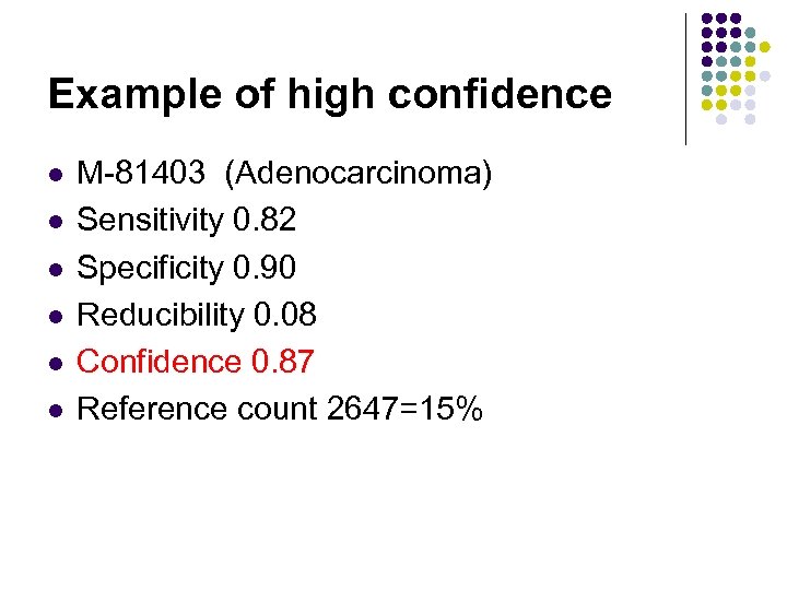 Example of high confidence l l l M-81403 (Adenocarcinoma) Sensitivity 0. 82 Specificity 0.