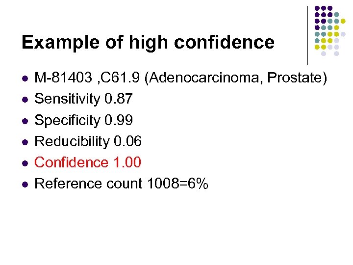 Example of high confidence l l l M-81403 , C 61. 9 (Adenocarcinoma, Prostate)