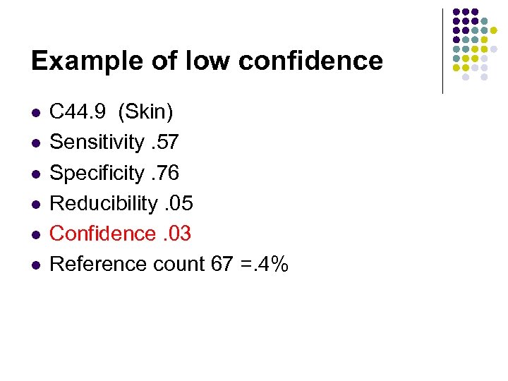 Example of low confidence l l l C 44. 9 (Skin) Sensitivity. 57 Specificity.