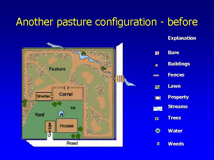 Another pasture configuration - before Explanation Bare Buildings Fences Lawn Property Streams Trees Water