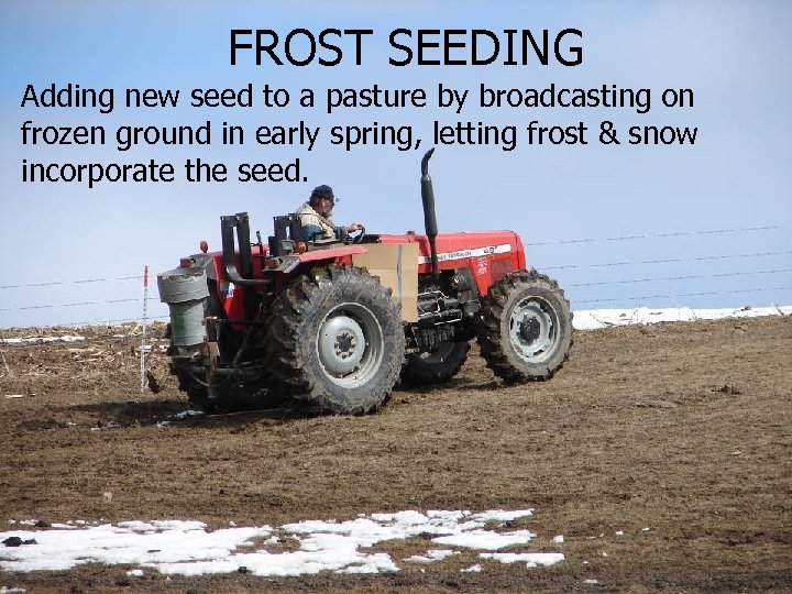 FROST SEEDING Adding new seed to a pasture by broadcasting on frozen ground in