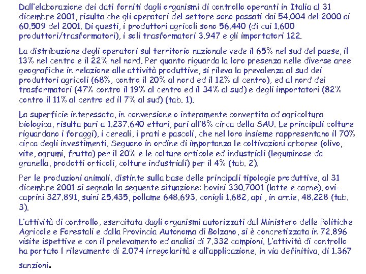 Dall’elaborazione dei dati forniti dagli organismi di controllo operanti in Italia al 31 dicembre
