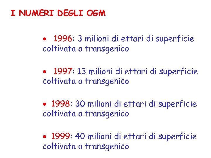 I NUMERI DEGLI OGM · 1996: 3 milioni di ettari di superficie coltivata a