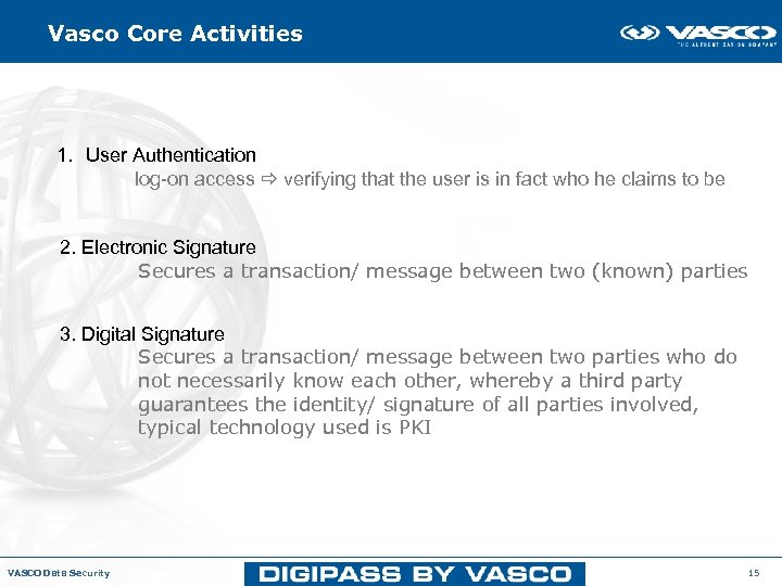 Vasco Core Activities 1. User Authentication log-on access verifying that the user is in