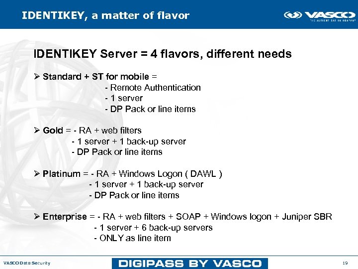 IDENTIKEY, a matter of flavor IDENTIKEY Server = 4 flavors, different needs Ø Standard