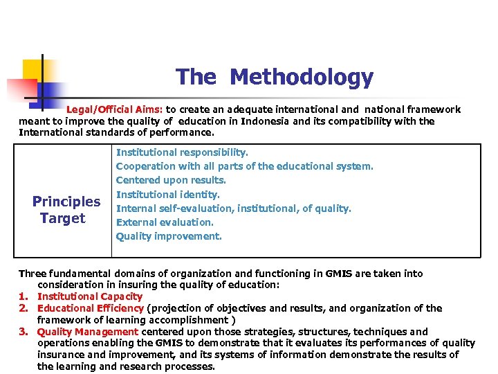 The Methodology Legal/Official Aims: to create an adequate international and national framework meant to