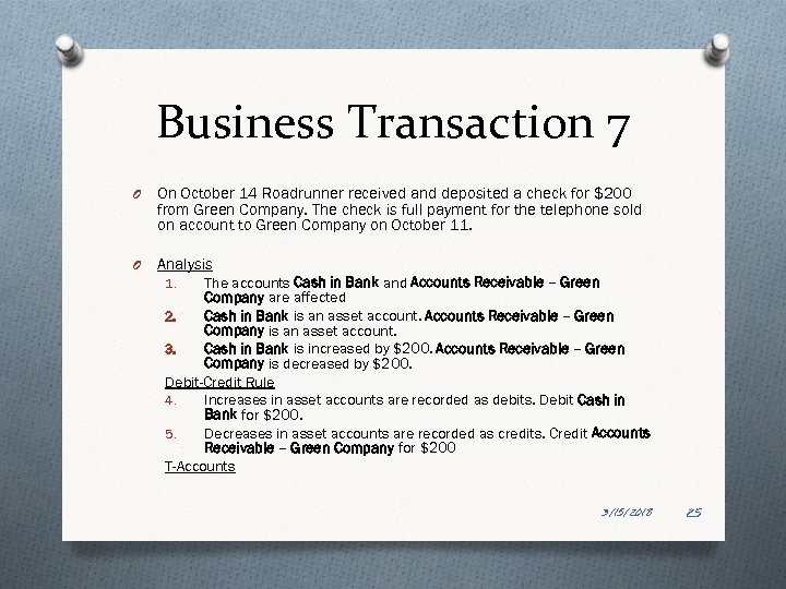 Business Transaction 7 O On October 14 Roadrunner received and deposited a check for