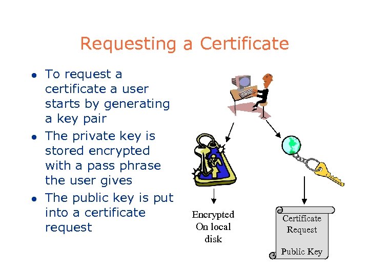 Requesting a Certificate l l l To request a certificate a user starts by