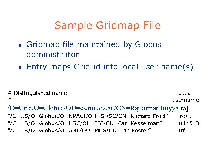 Sample Gridmap File l l Gridmap file maintained by Globus administrator Entry maps Grid-id