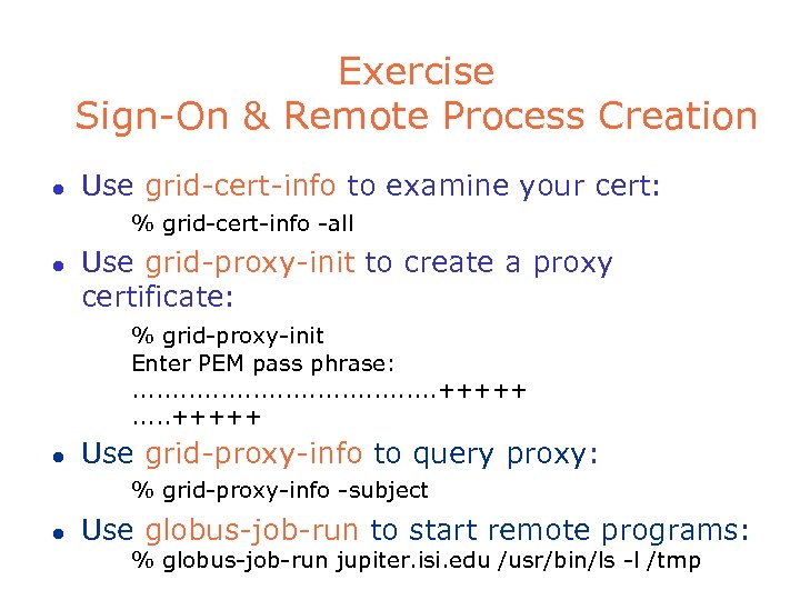 Exercise Sign-On & Remote Process Creation l Use grid-cert-info to examine your cert: %