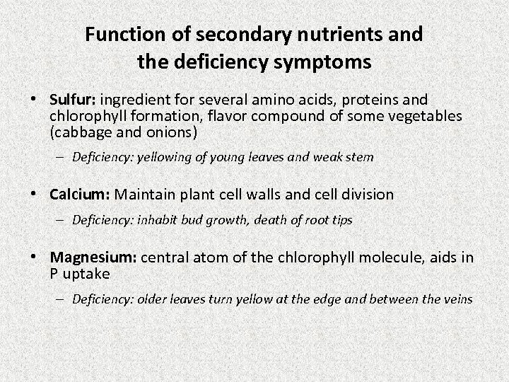 Function of secondary nutrients and the deficiency symptoms • Sulfur: ingredient for several amino