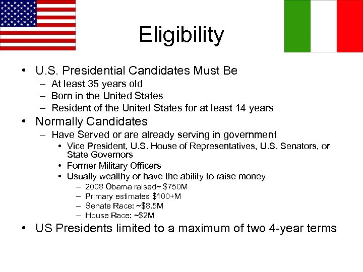 Eligibility • U. S. Presidential Candidates Must Be – At least 35 years old