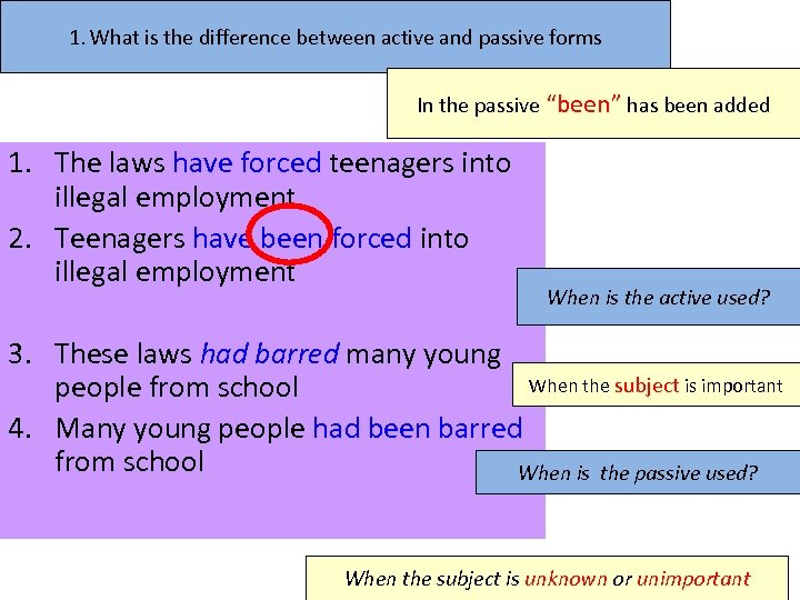 1. What is the difference between active and passive forms In the passive “been”