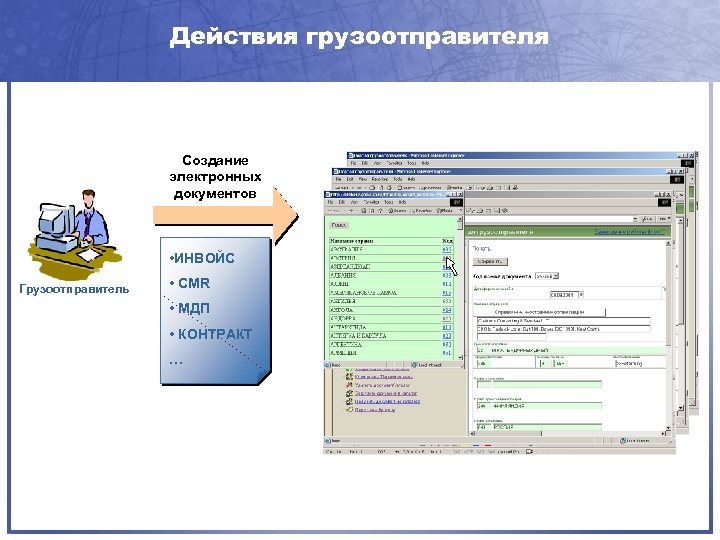 Действия грузоотправителя Создание электронных документов • ИНВОЙС Грузоотправитель • CMR • МДП • КОНТРАКТ