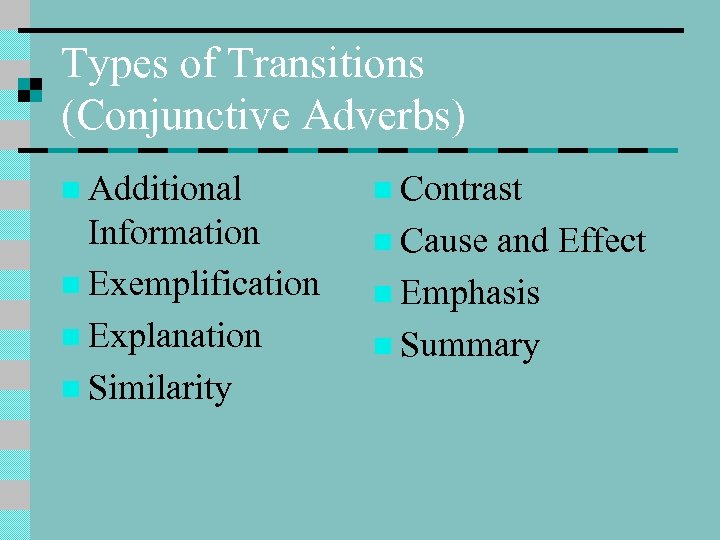 Types of Transitions (Conjunctive Adverbs) n Additional n Contrast Information n Exemplification n Explanation