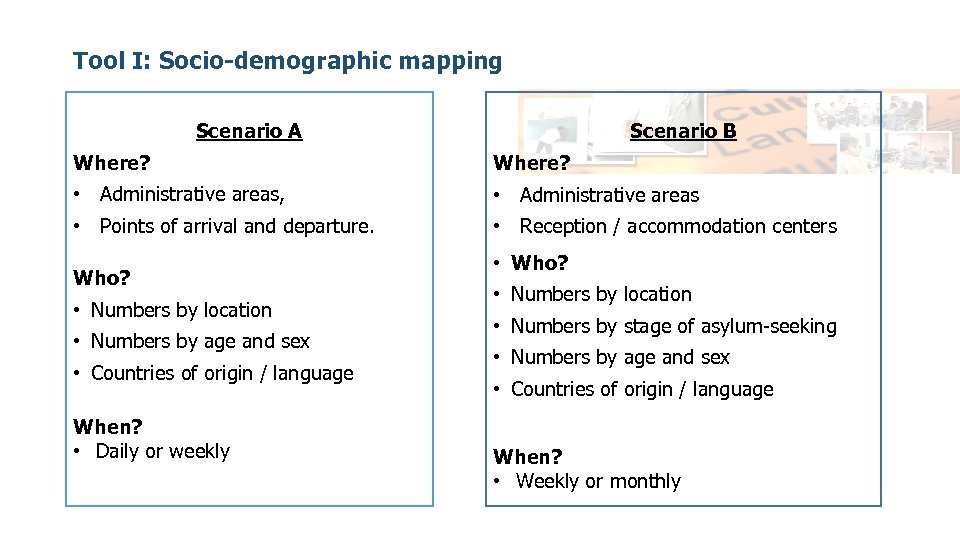 Tool I: Socio-demographic mapping Scenario A Scenario B Where? • Administrative areas, • Administrative