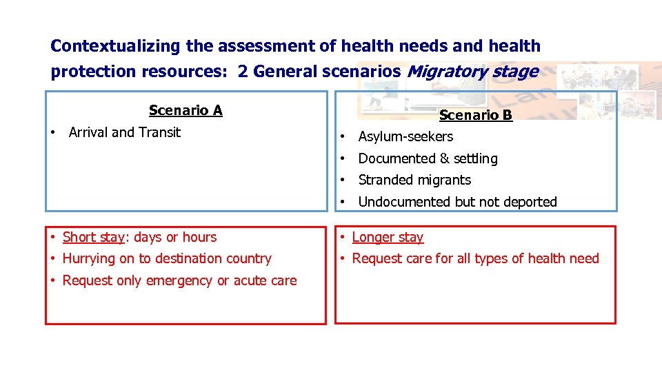 Contextualizing the assessment of health needs and health protection resources: 2 General scenarios Migratory