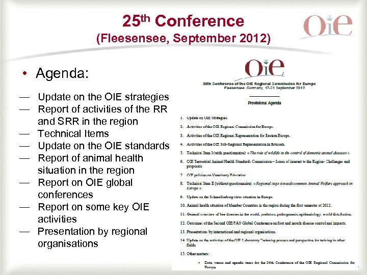 25 th Conference (Fleesensee, September 2012) • Agenda: — Update on the OIE strategies