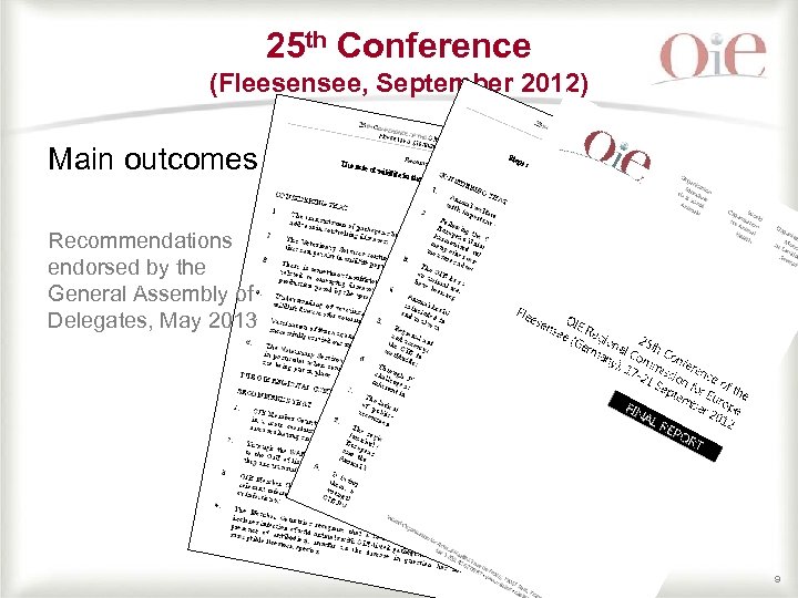 25 th Conference (Fleesensee, September 2012) Main outcomes Recommendations endorsed by the General Assembly
