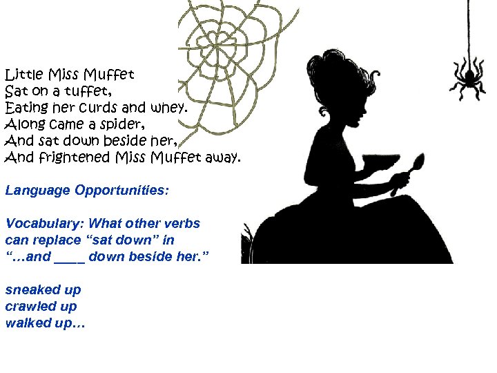 Little Miss Muffet Sat on a tuffet, Eating her curds and whey. Along came