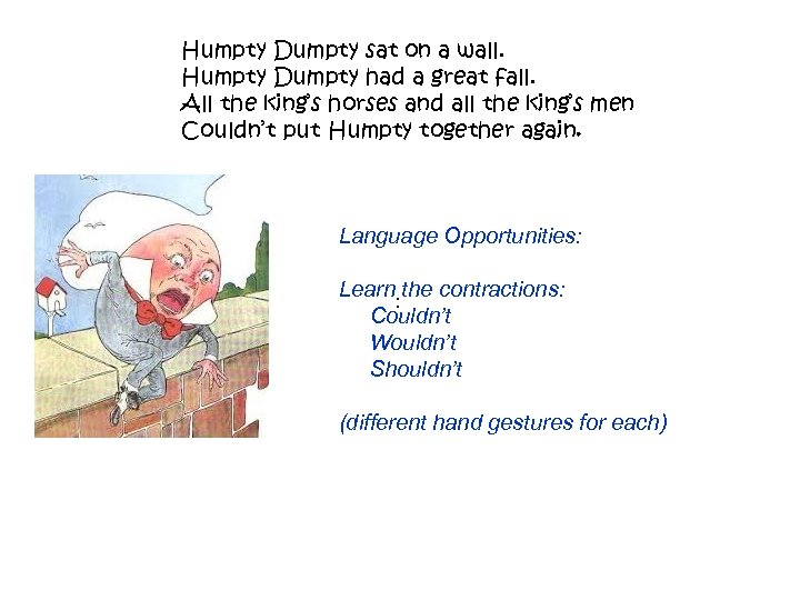 Humpty Dumpty sat on a wall. Humpty Dumpty had a great fall. All the