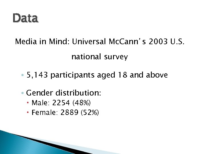 Data Media in Mind: Universal Mc. Cann’s 2003 U. S. national survey ◦ 5,