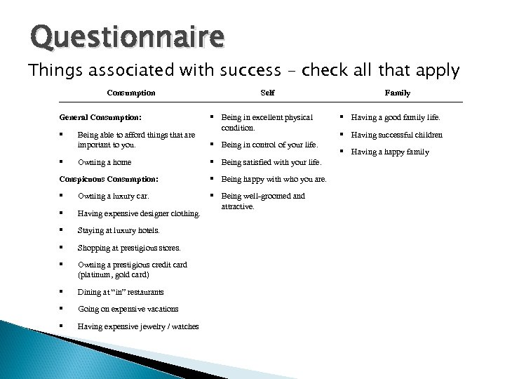 Questionnaire Things associated with success – check all that apply Consumption General Consumption: Being