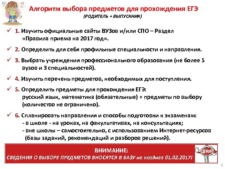  Алгоритм выбора предметов для прохождения ЕГЭ (РОДИТЕЛЬ + ВЫПУСКНИК) ü 1. Изучить официальные