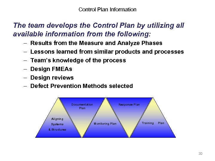 Control Plan Information The team develops the Control Plan by utilizing all available information