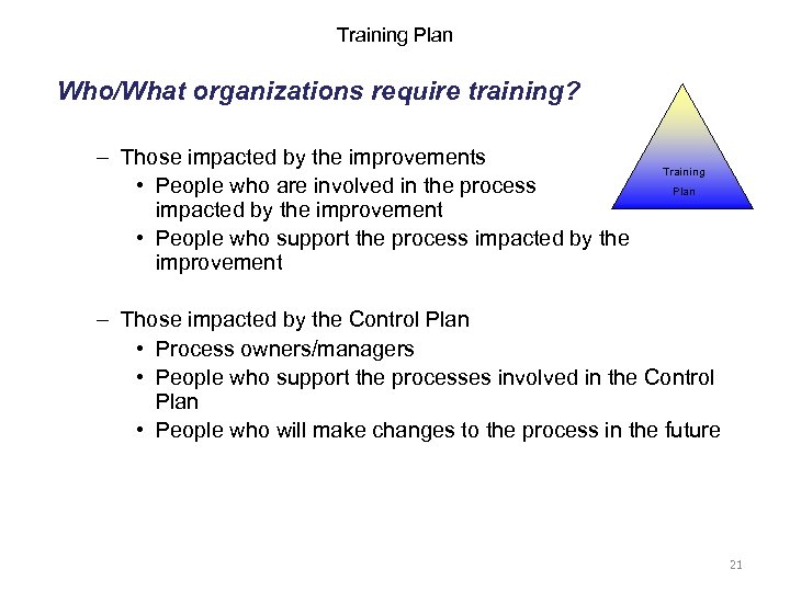 Training Plan Who/What organizations require training? – Those impacted by the improvements • People