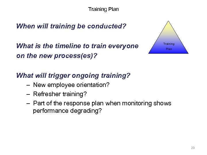 Training Plan When will training be conducted? What is the timeline to train everyone