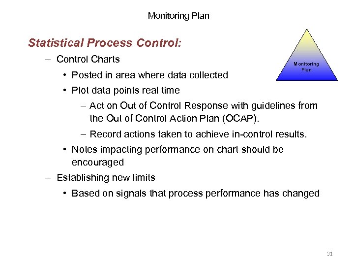 Monitoring Plan Statistical Process Control: – Control Charts • Posted in area where data