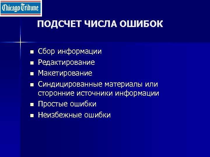 ПОДСЧЕТ ЧИСЛА ОШИБОК n n n Сбор информации Редактирование Макетирование Синдицированные материалы или сторонние