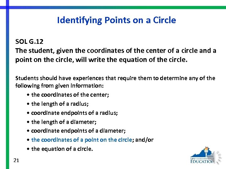 Identifying Points on a Circle SOL G. 12 The student, given the coordinates of