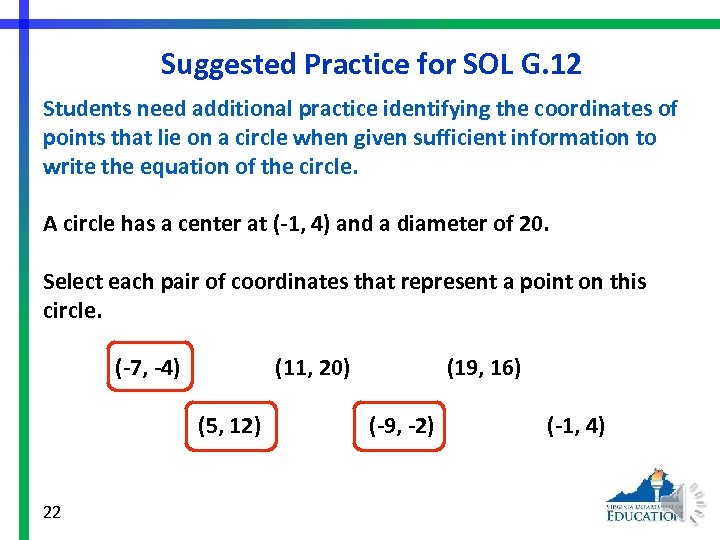 Suggested Practice for SOL G. 12 Students need additional practice identifying the coordinates of
