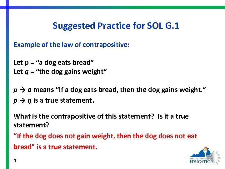 Suggested Practice for SOL G. 1 Example of the law of contrapositive: Let p