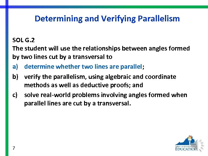 Determining and Verifying Parallelism SOL G. 2 The student will use the relationships between