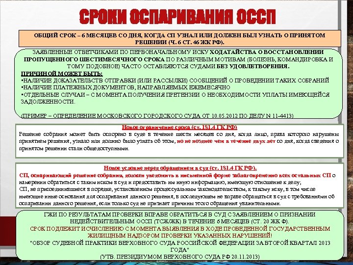 СРОКИ ОСПАРИВАНИЯ ОССП ОБЩИЙ СРОК – 6 МЕСЯЦЕВ СО ДНЯ, КОГДА СП УЗНАЛ ИЛИ