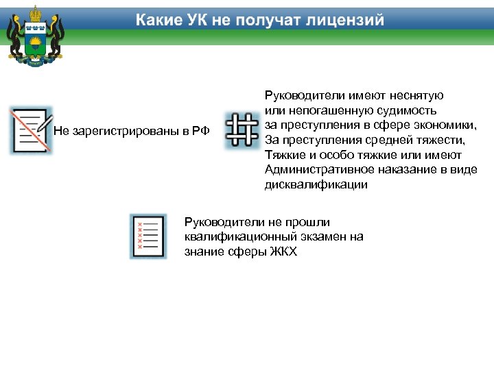 Не зарегистрированы в РФ Руководители имеют неснятую или непогашенную судимость за преступления в сфере